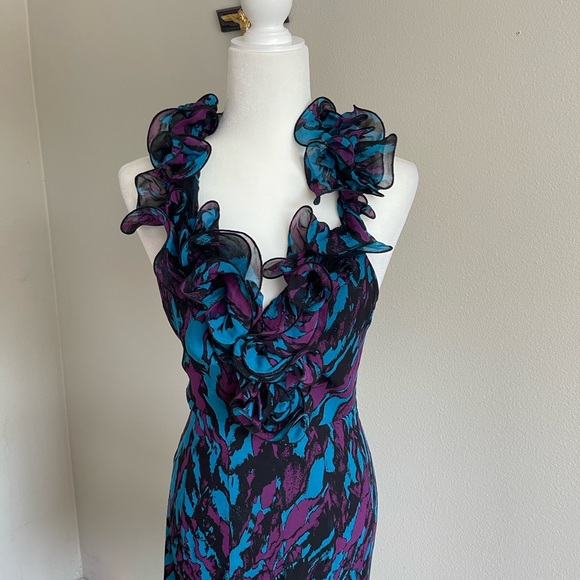 Vintage Bebe Blue and Purple Ruffle Dress Size S - Picture 2 of 6